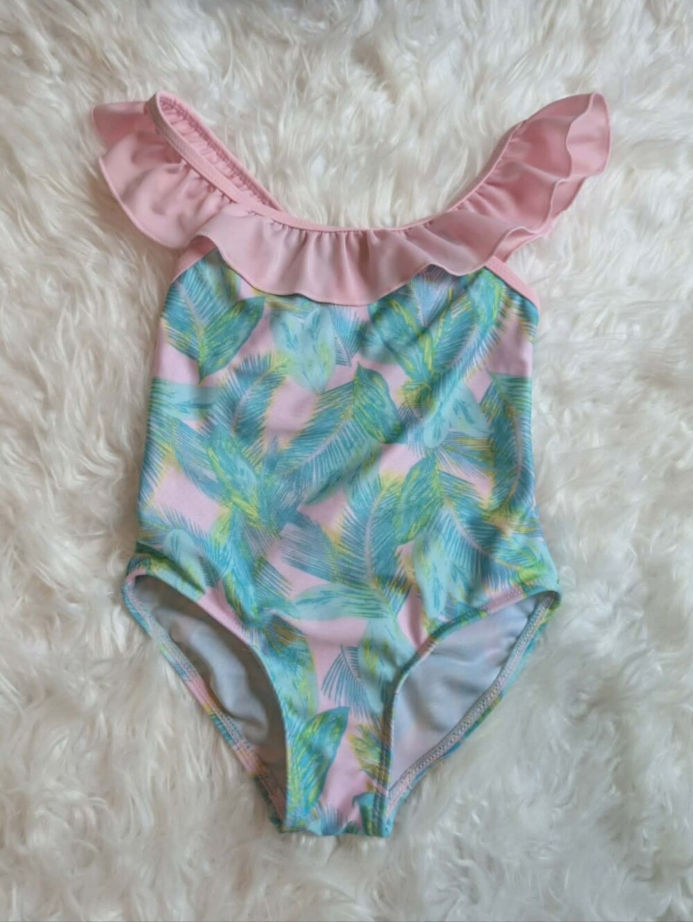 Floatimini Pink Swimsuit with Blue and Green Palm Print